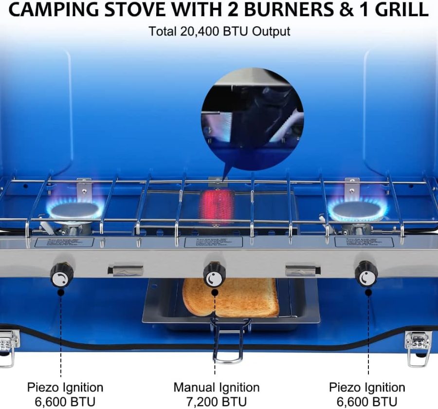 Camping Stove 20,400 BTU, 1 Grill & 2 Burners Propane Stove for Outdoor Cooking - Image 2