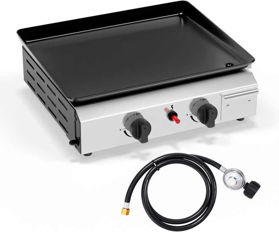 2 Burner Portable Propane Griddle with Electronic Ignition & Enameled Tray, 20000BTU Tabletop Flat Top Gas Grill with Regulator for Outdoor Cooking Camping BBQ Tailgating Picnicking