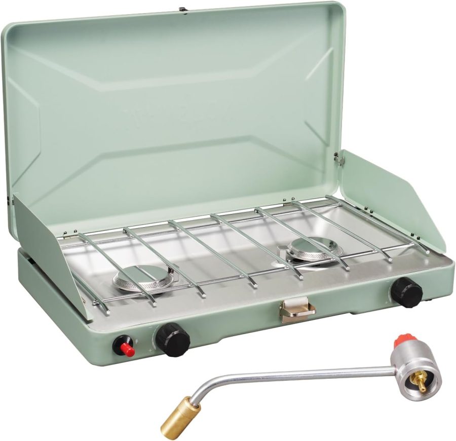 2-Burner Propane Camping Stove, 20,000 Total BTUs, Wind Guards, Adjustable Burners, Instant Push-Button Ignition, Suitable for Backyard BBQs, Beach Cookouts, Tailgating