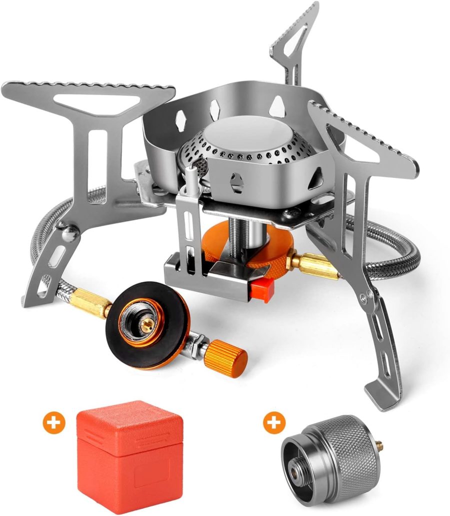 3500W/6800W Windproof Camp Stove Camping Gas Stove with Fuel Canister Adapter, Piezo Ignition, Carry Case, Portable Collapsible Stove Burner for Outdoor Backpacking Hiking and Picnic