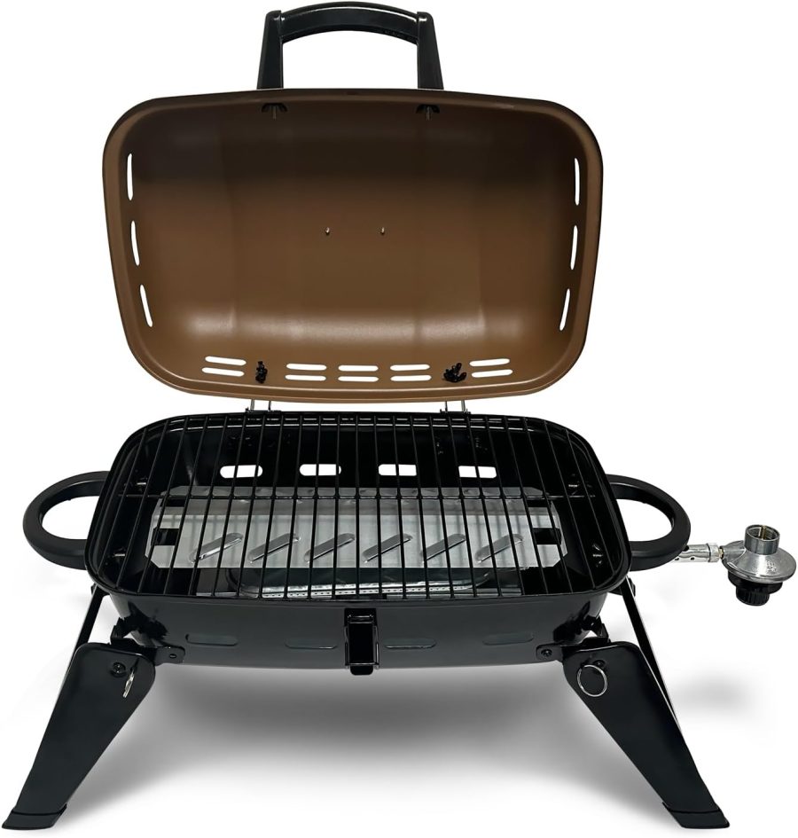 Tabletop Propane Grill – Portable Grill Propane with Heat Resistant Handles, Large Cooking Surface – User Friendly Temperature Control Knob Portable Gas Grill for RV, Camping, Home – Tan Brown