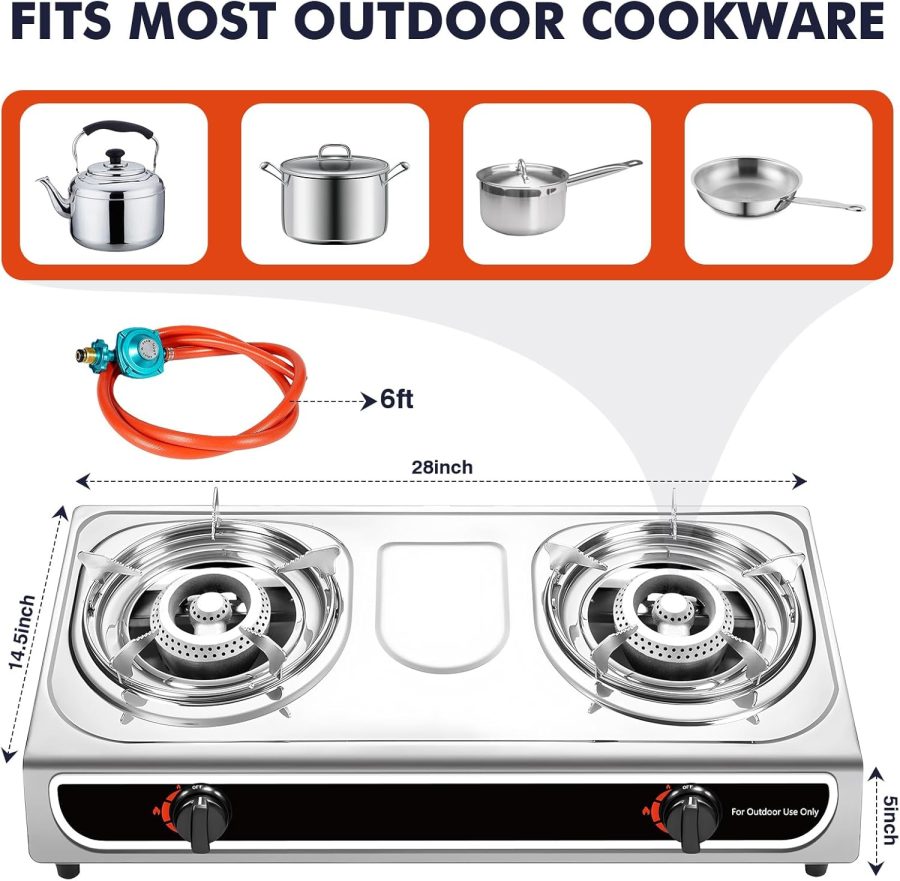 Propane Stove 2 Burner Stove 23000 BTU Gas Stove Auto Ignition Porable Propane Stove with Gas Hose,Stainless Steel panel Stove for Camping Outdoor propane griddle - Image 2