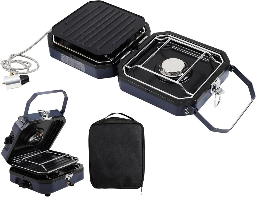 2 Burner Camping Stove with Carrying Bag, 16000 BTU Portable Propane Stove for Camping, Collapsible camping stove with two side shelves and adjustable burners for outdoor barbecues(Blue)