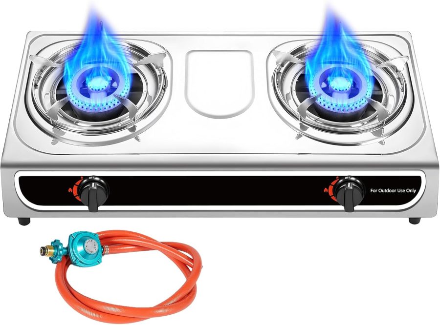 Propane Stove 2 Burner Stove 23000 BTU Gas Stove Auto Ignition Porable Propane Stove with Gas Hose,Stainless Steel panel Stove for Camping Outdoor propane griddle