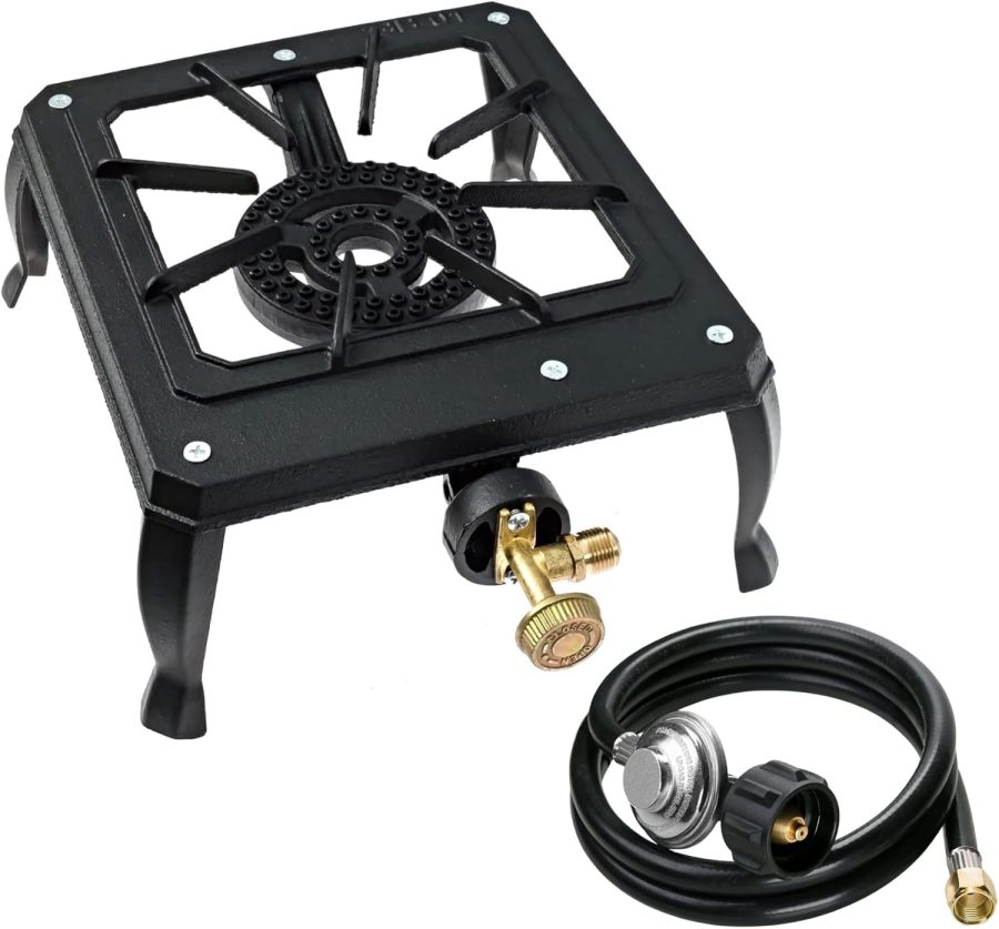 Small Portable 15,000 BTU Propane Camping Stove – High Pressure Cast Iron Burner with Regulator and 5 ft Gas Hose, Impact-Resistant – Ideal for Outdoor BBQ, Hiking, Tailgating, and Camping Cooking