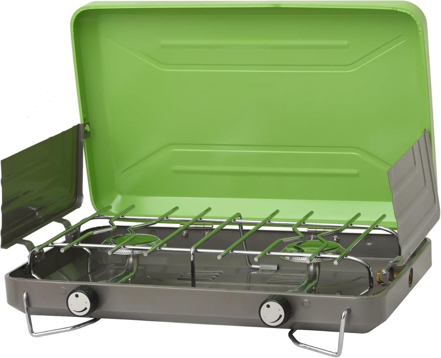 2-Burner Portable Camping Stove Grill, Great for Outdoor Cooking, Backpacking, Compatible with 1LB Propane Gas Bottle