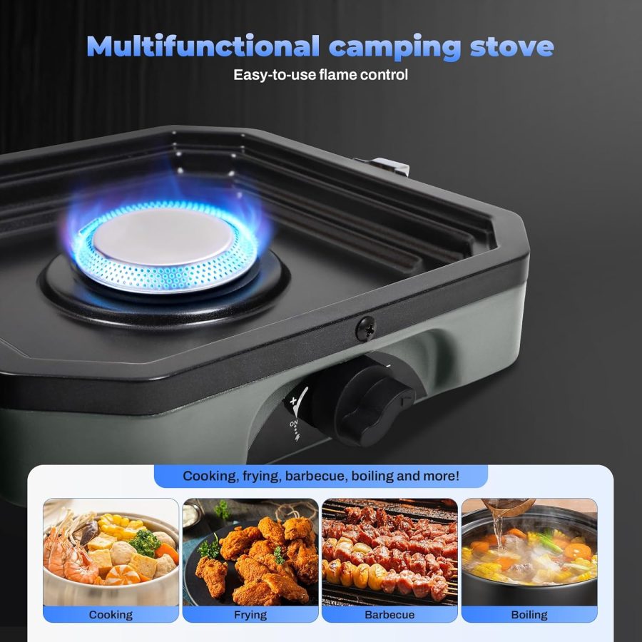 Adjustable 2-Burner Portable Stove with 16000 BTU, with Camping Grill and Carrying Bag, Portable Propane Camp Stove with 2 Burners & Piezo Ignition for Camping, Backyard BBQ,Tailgating (Green) - Image 2