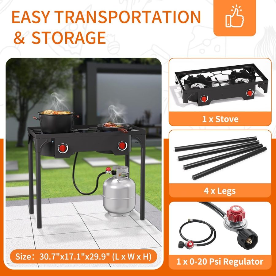2 Burner Gas Stove, High Pressure Outdoor Propane Burner with Detachable Legs, 150,000 BTU Camping Stove Outdoor Burner with 0-20 PSI Regulator for Camping, Backyard, Outdoor Cooking - Image 2