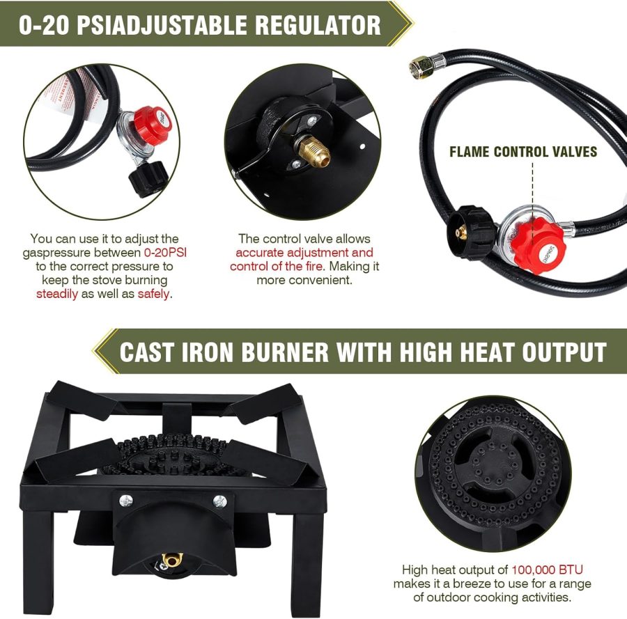 Propane Burner,100,000 BTUs High Pressure Single Propane Stove with 4.1ft 0-20Psi Adjustable Hose with Regulator,Gas Stove for Outdoor Cooking, Turkey Fry, Seafood Boil - Image 2