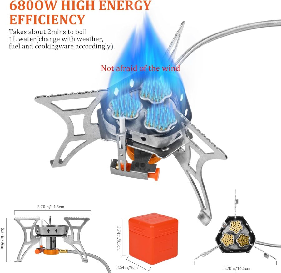 6800W Portable Windproof Camping Stove - Foldable Backpacking Stove with Piezo Ignition, Fuel Canister Adapter & Carry Case for Outdoor Cooking, Hiking & Picnics - Image 2