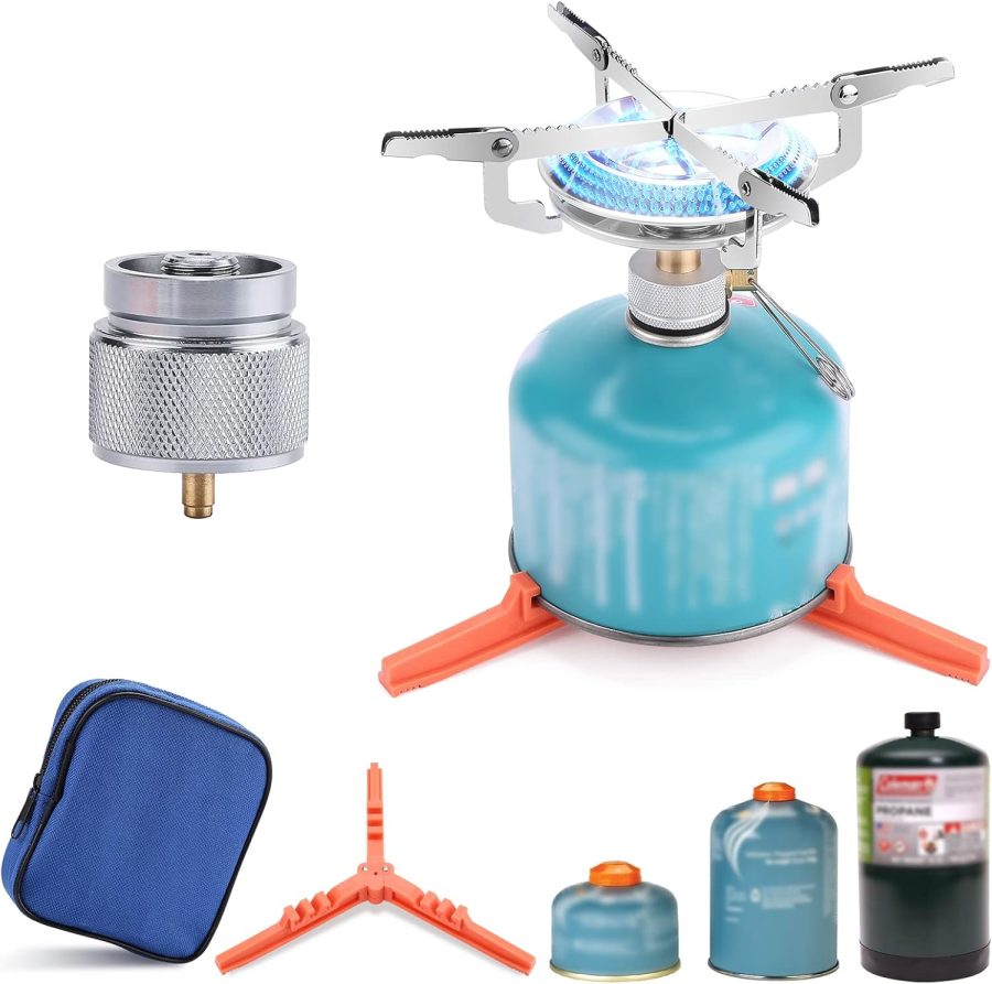 Portable Camping Stove Burner, Backpacking Stove with 1LB Propane Tank Adapter, Fuel Can Canister Stand and Carry Case, Portable Collapsible Propane Camping Burner for Outdoor Cooking