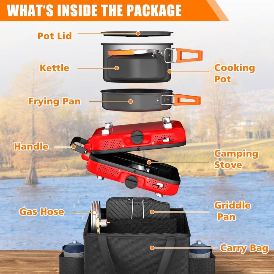 Portable 2 Burner Camping Stove Set with Cookware, 20,000 BTU/h, Outdoor Cooking Kit Includes Outdoor Folding Gas Stove, Frying Pan, Griddle, Kettle, Pot, and Carry Bag, For Propane & Butane - Image 2