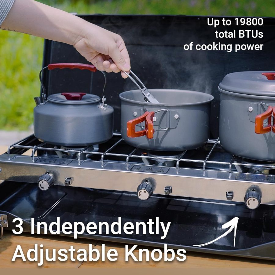 Camping Stove, 3 Burner Propane Portable Camp Stove with Regulator, Push-Button Instant Ignition, Portable Camp Grill, Adjustable Burners for Car Camping Outdoor Cooking (BLACK-19800 BTUs) - Image 2