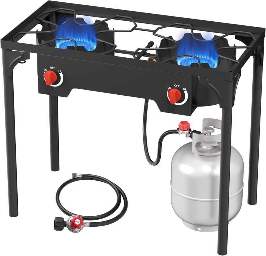 2 Burner Gas Stove, High Pressure Outdoor Propane Burner with Detachable Legs, 150,000 BTU Camping Stove Outdoor Burner with 0-20 PSI Regulator for Camping, Backyard, Outdoor Cooking