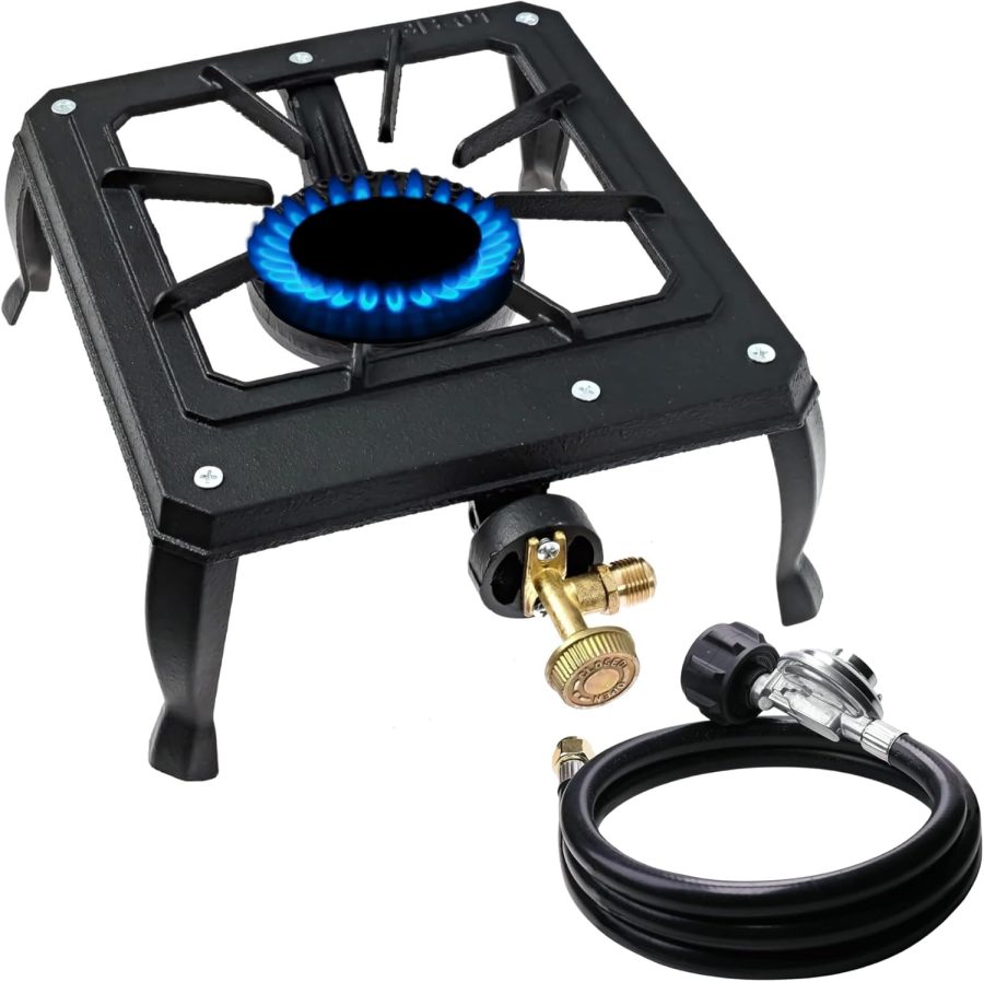 Small Portable 15,000 BTU Propane Camping Stove – High Pressure Cast Iron Burner with Regulator and 5 ft Gas Hose, Impact-Resistant – Ideal for Outdoor BBQ, Hiking, Tailgating, and Camping Cooking - Image 2