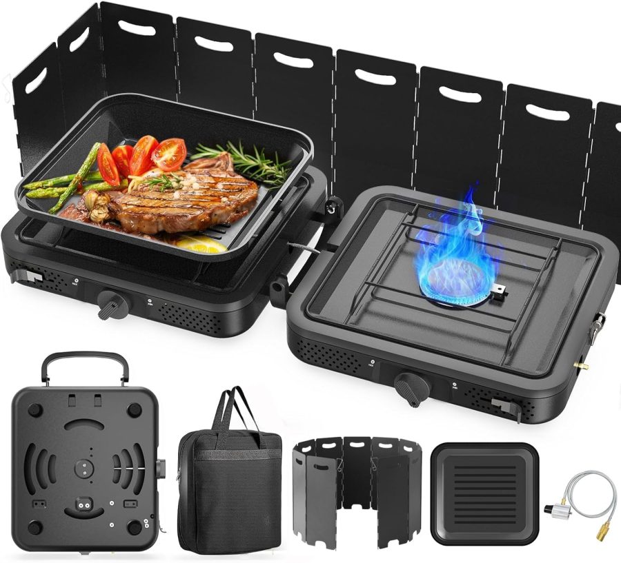 2 Burner Portable Camping Stove Propane, Folding Propane Stove for Camping, Camp Stove with 17,000 BTU,Two Adjustable Burners Gas Camping Stove with Carrying Bag for Outdoor Cooking,BBQ