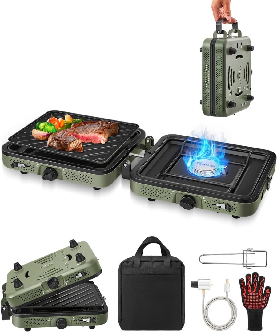 2 Burner Propane Camping Stove with Grill: Foldable Portable Camp Stove with Carry Bag - Adjustable Burners Camping Grill for BBQ Tailgating Gear - Backpacking Outdoor Cooking