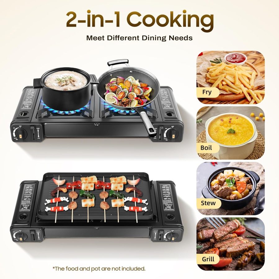 2-Burner Portable Camping Stove, Butane Camping Stove, Outdoor Travel Camp Stove for Camping, BBQ, Home (with Grill Tray) - Image 2