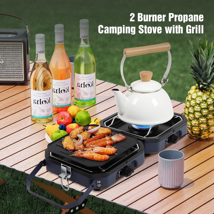 2 Burner Camping Stove with Carrying Bag, 16000 BTU Portable Propane Stove for Camping, Collapsible camping stove with two side shelves and adjustable burners for outdoor barbecues(Blue) - Image 2